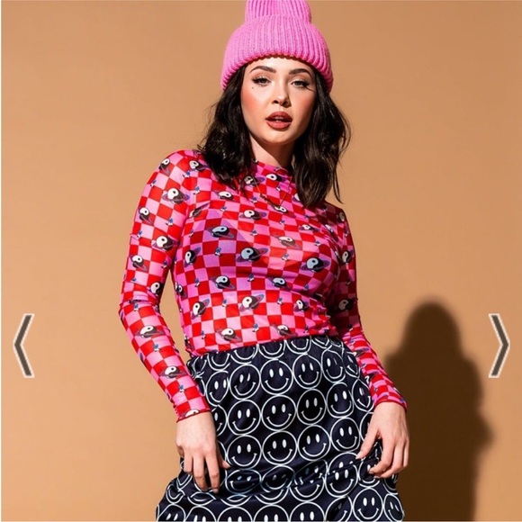 Dressed in Lala Long Sleeve Mesh Top Cosmic Cowgirl pink red checker yin yang M - Picture 2 of 10